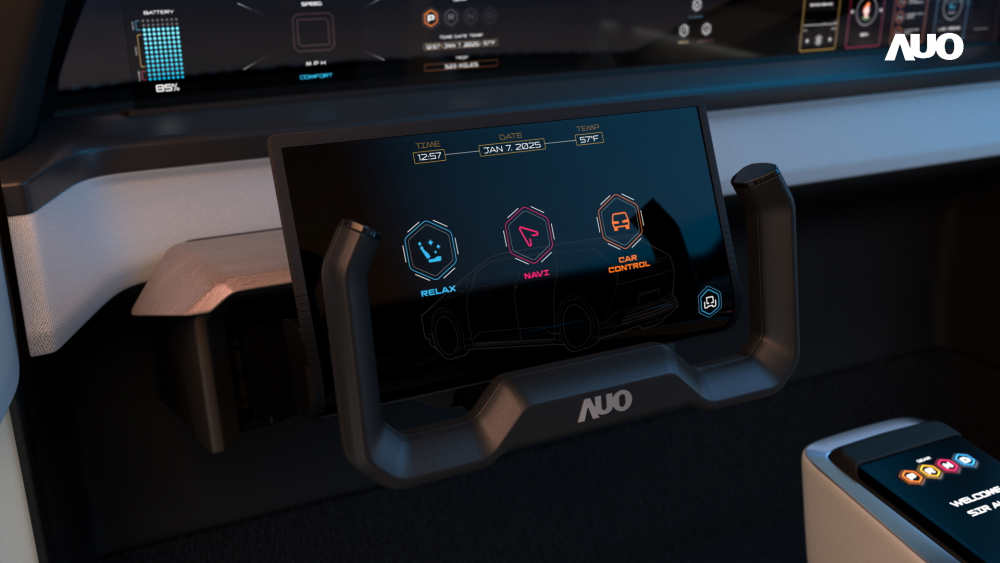 MK体育隐藏式智驾介面Foldable Cruise Pilot在手动驾驶模式下可以半收合呈现如里程、时速等信息；自驾模式时则可以完全展开提供车内娱乐功能